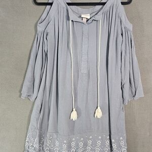 Knox Rose Women Midi Dress Crinkle Cottagecore Boho Blue Cold Shoulder Small